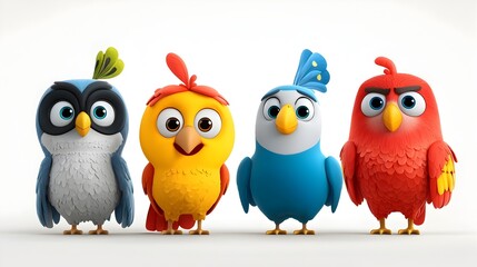 Fototapeta premium Vibrant Cartoon Bird Characters Collection Featuring a Parrot Owl Peacock and Dove with Unique Bright Colors and Patterns
