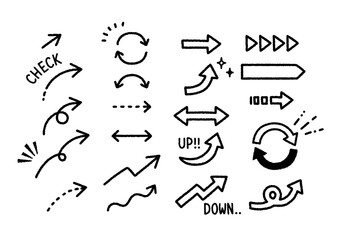 手描きのシンプルな黒い矢印のセット
