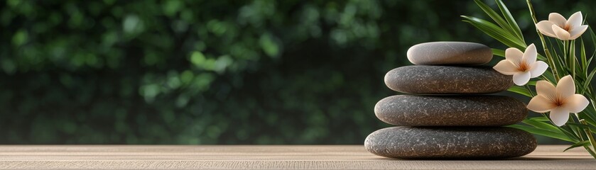 A serene arrangement of smooth stones balanced on a wooden surface, accompanied by delicate flowers and a green background, evoking tranquility and calmness.