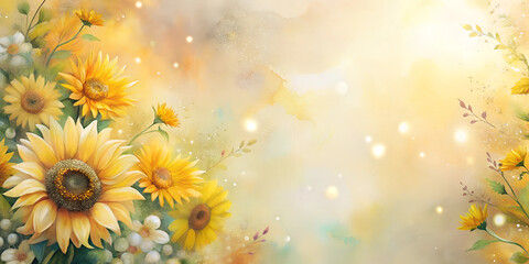 Sunny field of vibrant sunflowers and wildflowers against a warm, dreamy background, watercolor, copy space

