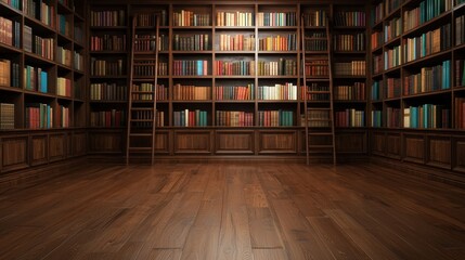 A built-in wooden library with floor-to-ceiling shelves and a ladder, hand-carved details, soft ambient light, rich mahogany tones, classical elegance, oil painting style.