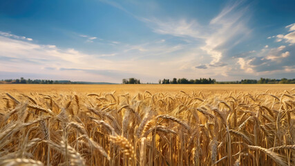 panoramic landscape view of sprawling organic wheat field with blue sky and natural light