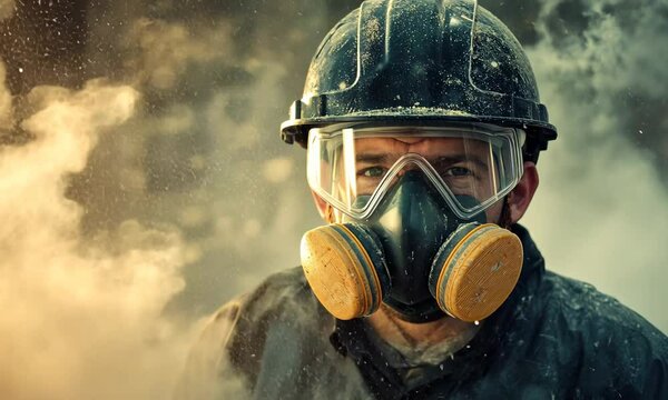 Professional construction worker wearing a high-grade dust mask, surrounded by lot of floating particles