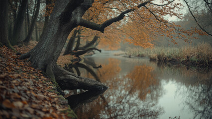 Row of autumn trees with vibrant orange leaves reflected in a serene lake