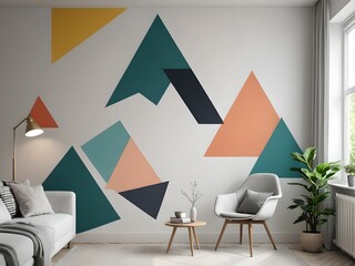 minimalist wallpaper representing a sofa, with a wall decorated with abstract patterns behind it.