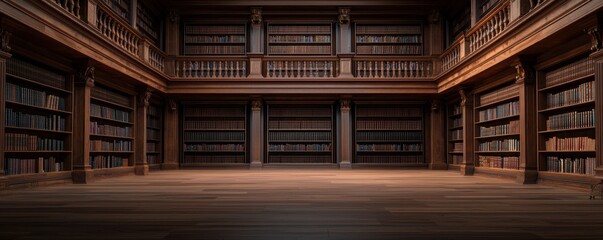 Carpenters installing detailed wood carvings in a grand library, surrounded by bookshelves of polished mahogany, classical style, rich lighting, warm colors, hyper-realistic