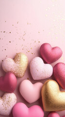 Obraz premium Colorful heart shaped decorations on pink background with glitter. Perfect for celebrations and romantic occasions