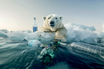 Obraz premium Polar bear with plastic bottle trash, plastic waste in the ocean climate change, global warming earth day concept.