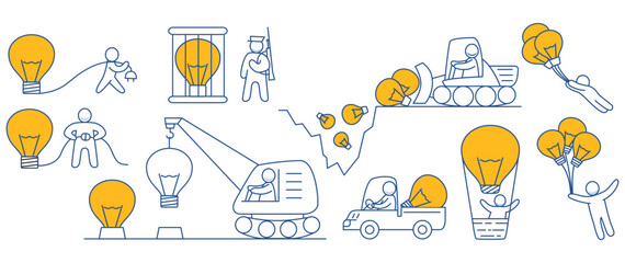 Creative idea. Man with light bulb. Working little people.Idea construction.Construction equipment crane.Solution solving problem.Delivery of ideas.Businessman flying holding idea bulb as balloon .