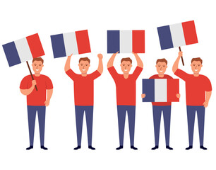 Fototapeta premium Protest people.Crowd of protesters holding flag of France.Patriotic demonstration France.Isolated on white background.Vector flat.