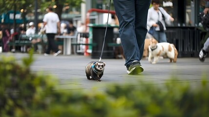 Obraz premium A person walking a pet ferret in a busy urban park, with the ferret wearing a tiny harness and looking curious