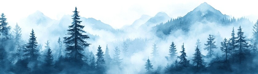 Misty mountain landscape with evergreen trees in soft blue tones.
