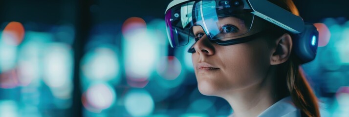 Focused woman using augmented reality headset in a futuristic high-tech environment