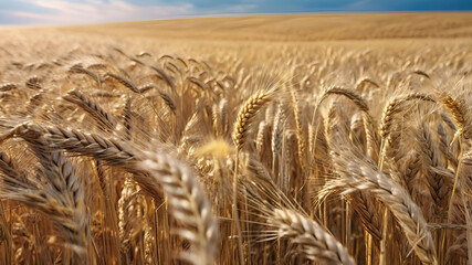 panoramic landscape view of sprawling organic wheat field with blue sky and natural light