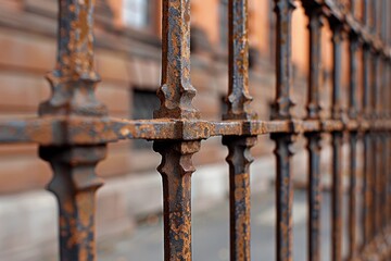 Closeup of rusty iron fence with historic building in background