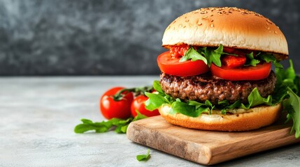 Juicy burger with fresh lettuce, tomato, and sesame bun on a wooden board.