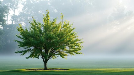 A single, solitary privet bush stands alone on a misty morning, its leaves glowing softly in the dappled light, foliage, forest