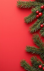 Christmas pine branches with red berries on a vibrant red background.