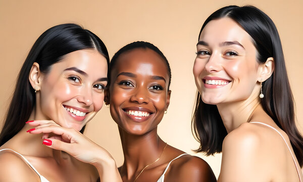A multiracial group of 3 women with clear and radiant skin in sport outfit and white shirt, smiling and posing against a beige background