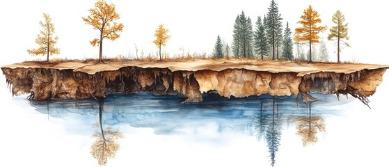 Isolated landmass with trees reflecting in calm water, white isolate background.