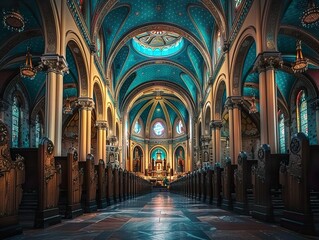 Fototapeta premium Awe-Inspiring Interior of a Historic Church: A Symphony of Light and Architecture