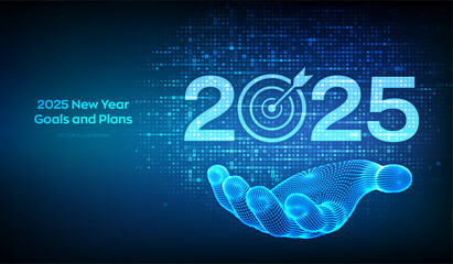 2025 New year Goals and plans. Numbers 2025 made with currency symbols in wireframe hand. New 2025 financial year. Business plan and strategies. Background with currency signs. Vector illustration.