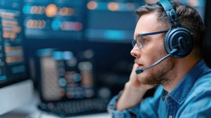 Technical Support Specialist Wearing Headset Working in Front of Multiple Monitors