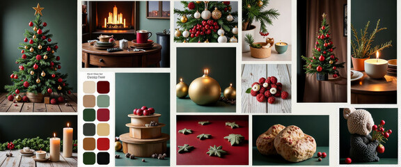 Fototapeta premium A collection of Christmas decorations including a white frame with a star and a red wreath. The decorations include a variety of trees, ornaments, and other festive items