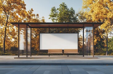 Fototapeta premium A Modern Bus Stop with a Blank Billboard in a Park Setting