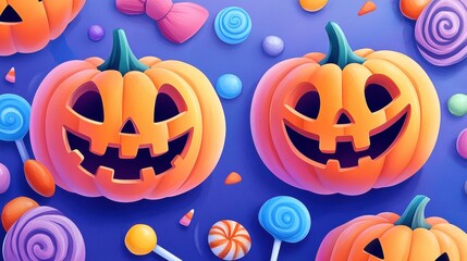 Colorful Halloween pumpkins surrounded by candies on a vibrant background.