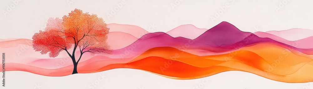 Wall mural abstract landscape with colorful hills and a tree, soft wave patterns.
