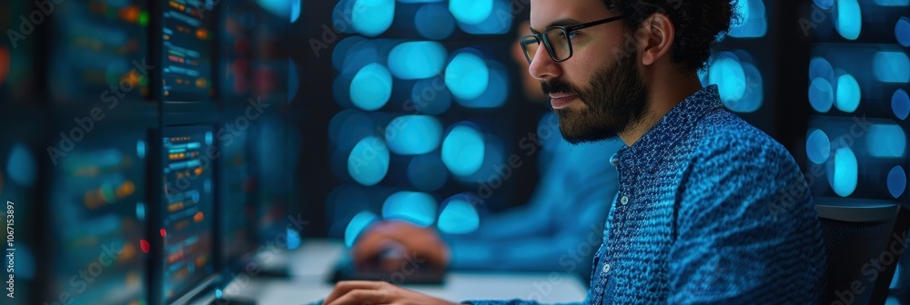 Poster cybersecurity specialist working on computer in dark room with data displays