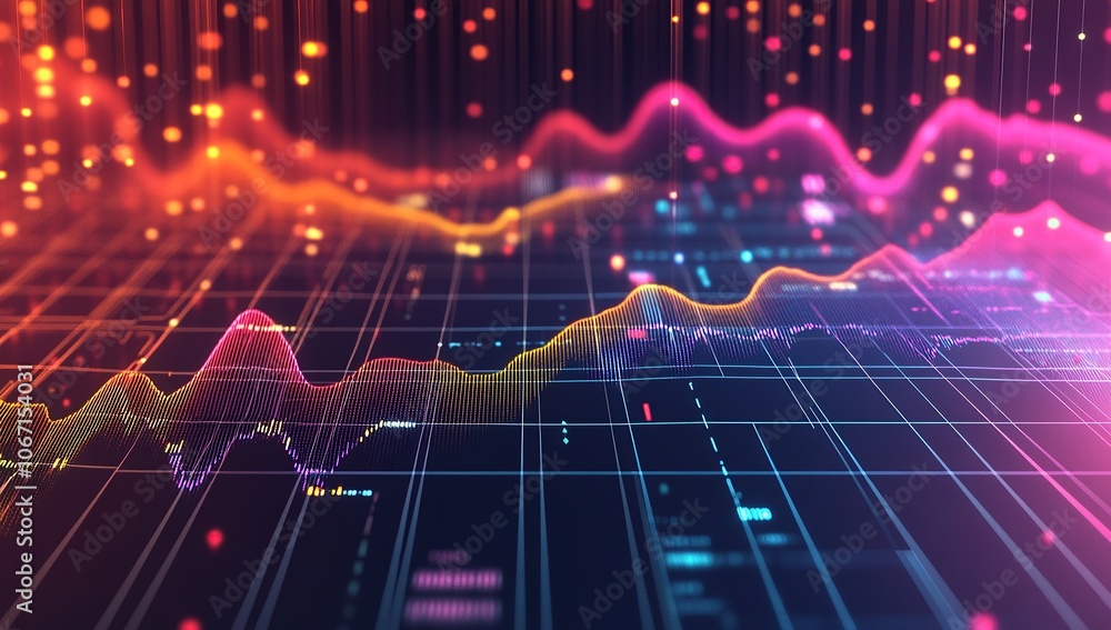 Poster A colorful graph of an animated stock market chart, with lines and curves forming the shape