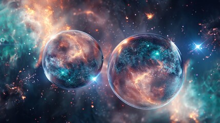 Fototapeta premium Colorful cosmic planets floating in nebula with stars and gas clouds