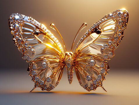 Fototapeta 3D rendering of a gold butterfly with a glittery texture, set against a backdrop of gold glitter particles and sparkles.