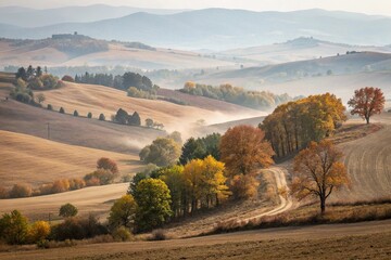 Naklejka premium Soft focus autumnal hills with watercolor light brown dust, dusty terrain, countryside, soft focus, outdoor scene, landscape photography