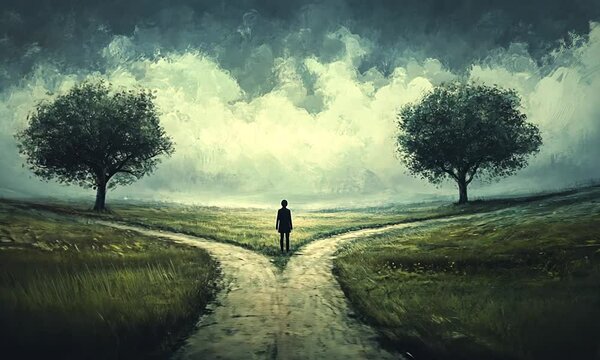 A lone figure stands at a fork in the road, contemplating their path amidst a foggy, ethereal landscape.