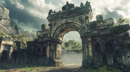 Obraz premium Ancient stone archway surrounded by lush greenery and misty atmosphere.