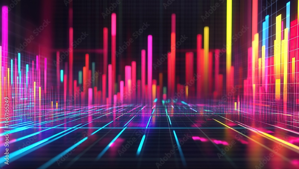 Poster a colorful graph of an animated stock market chart, with lines and curves forming the shape