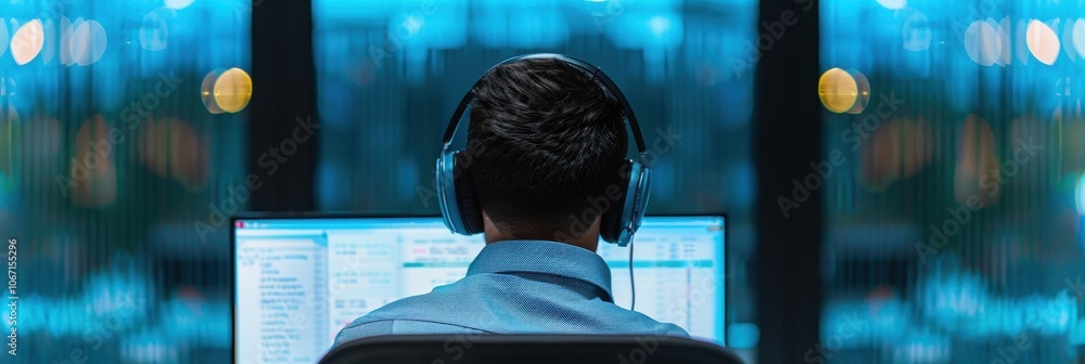 Aufkleber it specialist monitoring data on screens in high-tech control room