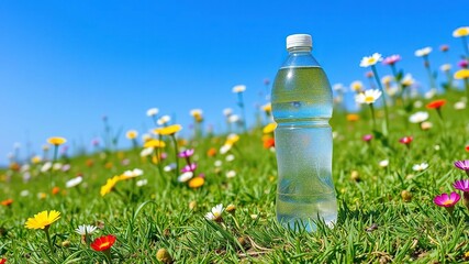 A single plastic water bottle stands upright on a patch of vibrant green grass surrounded by colorful wildflowers and a bright blue sky, blue sky, vibrant colors
