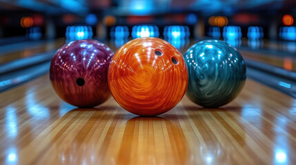 Bowling alley with retro decor, colorful balls, and buzzing energy