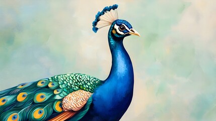 Fototapeta premium Majestic peacock spreading its vibrant ornamental feathers in a serene watercolor style zoo garden with lush greenery and ethereal lighting