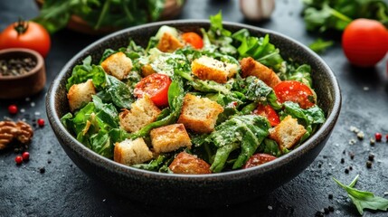 A bowl of fresh salad with toasted bread, tomatoes and crisp lettuce.