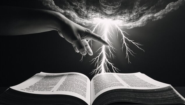 Rendered as scratchboard-style black  white art Hand of God imitates lightning strike on engravers raster