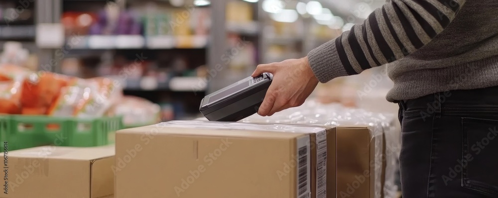Poster cashier scanning barcode on large item for efficient retail service