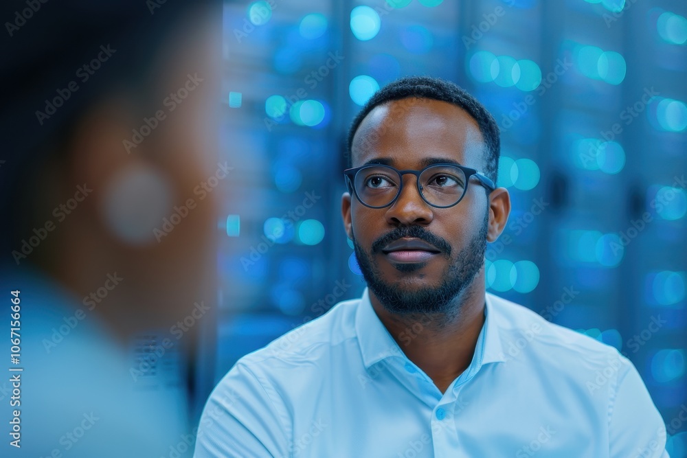 Poster it specialist in data center with blue server lights in the background, discussing with a colleague
