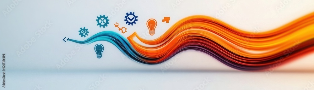 Poster abstract design featuring vibrant color waves with symbols of creativity and innovation, perfect for