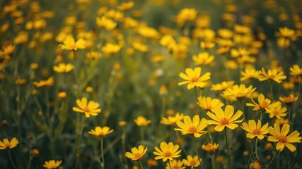 Obraz premium Field of golden cosmos flowers with a slight breeze, causing the delicate petals to sway gently, botanical garden, floral field