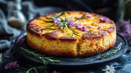 A slice of orange cake with an orange glaze on a black serving board, surrounded by herbs and flowers.